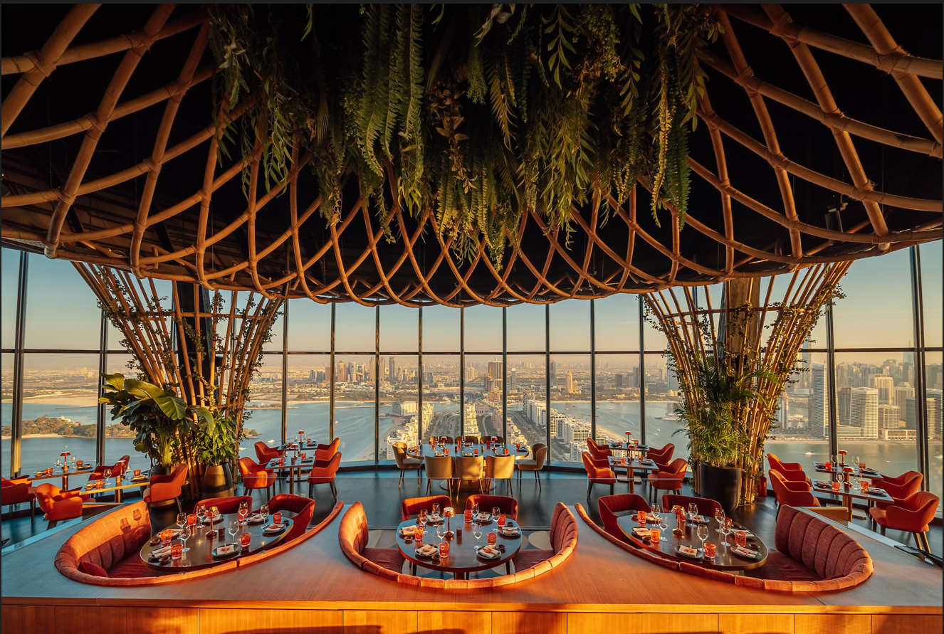 SUSHISAMBA DUBAI interior with a view of the city and arabian gulf